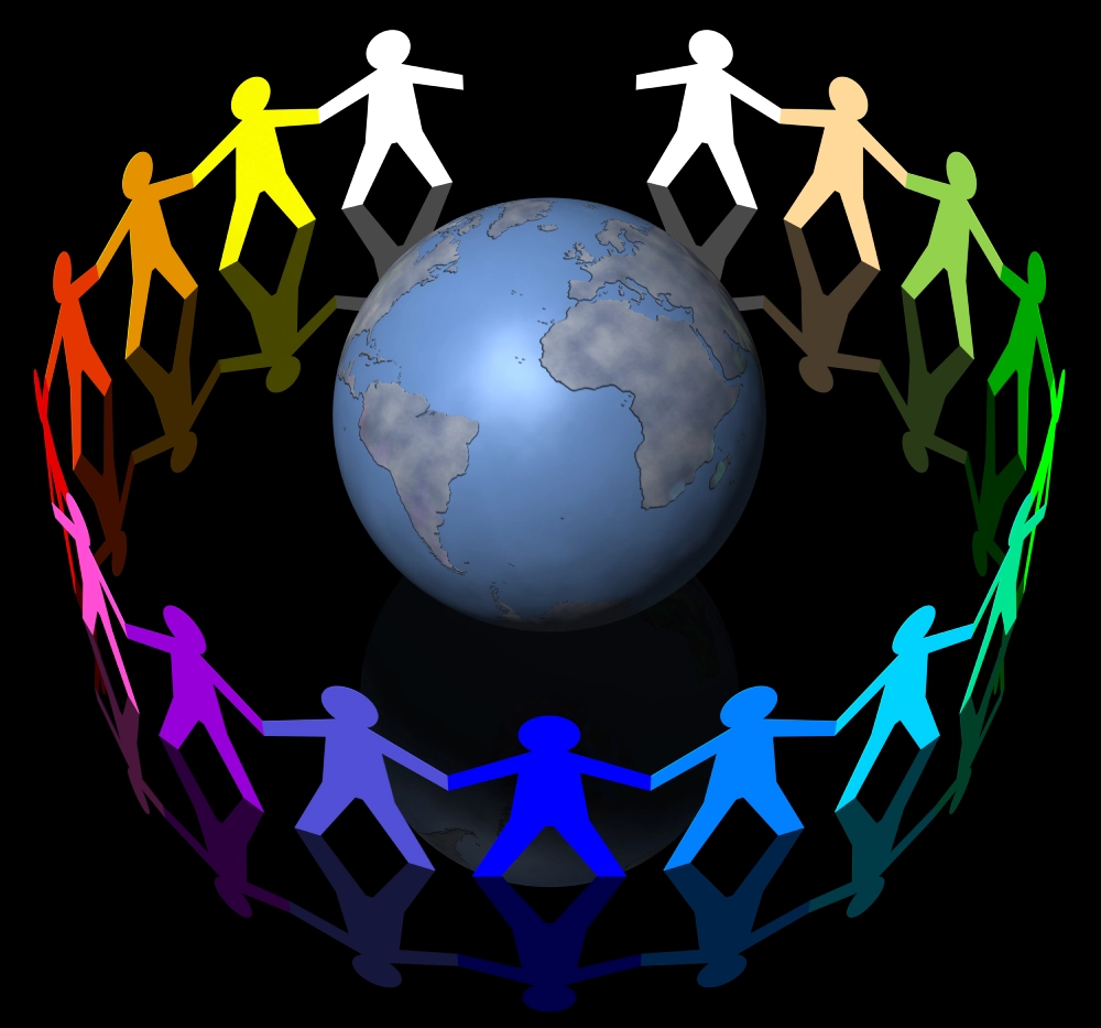 People figures in a colorful circle around Earth.