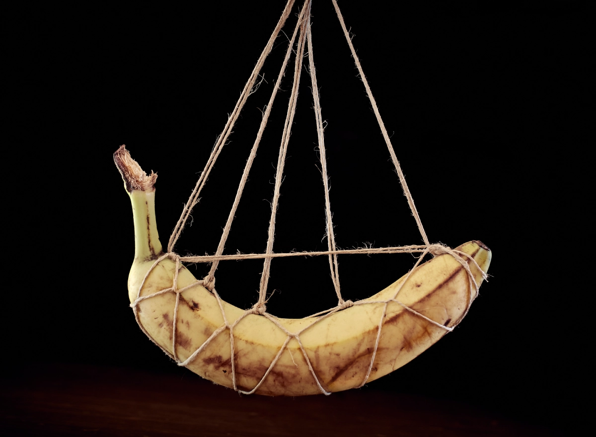 A banana wrapped and suspended with string in a net-like pattern.